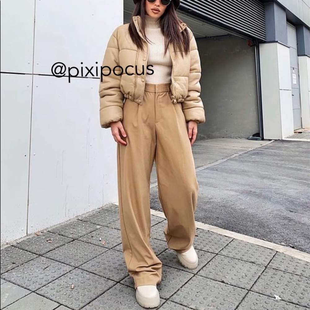 NWT ZARA WIDE LEG PLEATED PANTS NEUTRAL TAUPE